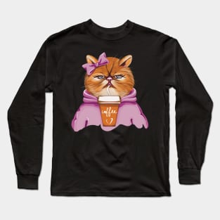 Cat with Coffee in pink hoodie Long Sleeve T-Shirt